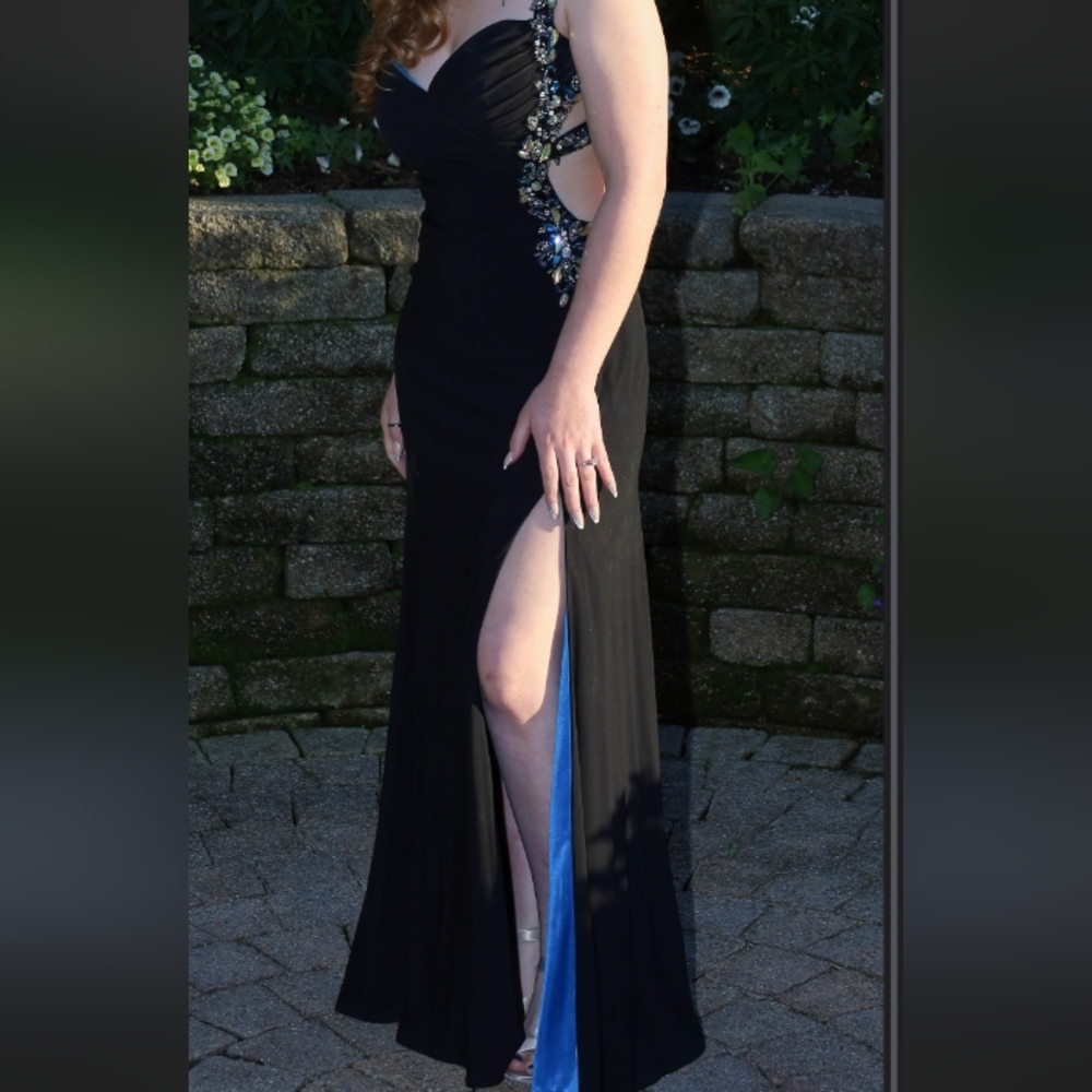 Women's Black & Royal Blue Beaded Jaoy Couture Floor Length Dress - Picture 5 of 16